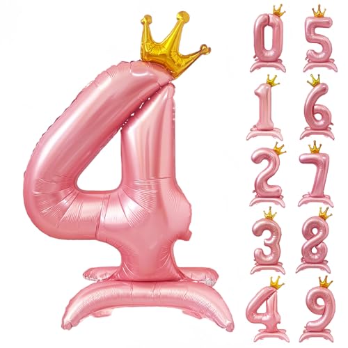 42 Inch Pink Number Balloon with Base Standing Number 4 Balloon with Crown Pink Crown Balloon 0-9 Giant Foil Helium Balloons for Birthday Party Decorations Supplies