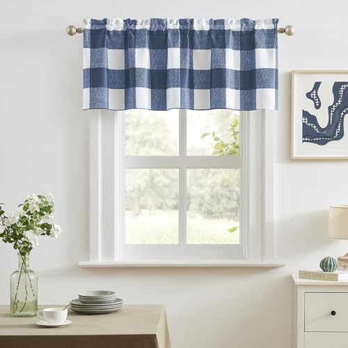 Melodieux Buffalo Check Plaid Kitchen Valance Curtains, Farmhouse Checkered Blackout Curtain Valances for Bedroom Living Room Small Windows Rod Pocket, Blue, 50 x 18 Inch, 1 Panel