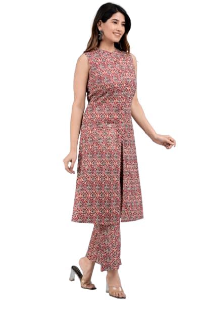 Image of Cotton Printed Front Slit Kurta with Palazzo Set for Women