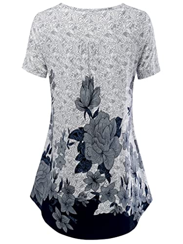 BAISHENGGT Women's V Neck Short Sleeve Buttons Pleated Flared Tunic Tops Grey - Peony XXL2