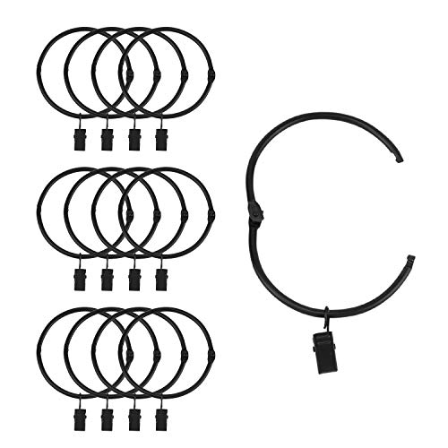 Suneration 12 Pack Openable Curtain Rings with Clips Metal Hangers Ring 3 inch Interior Diameter Rust Proof for Heavy Duty Vintage Decorative Drapery Eyelet Curtain Rods Black
