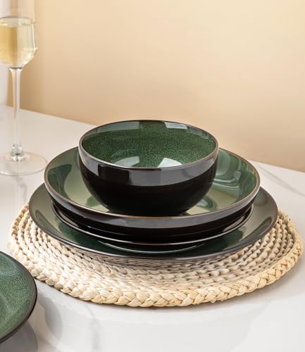 Image of LERATIO Ceramic Dinnerware Sets for 4,16-Piece Reactive Glaze Plates and Bowls Set with Mugs,Highly Chip and Crack Resistant | Dishwasher,Microwave & Oven Safe Dishes set-Green