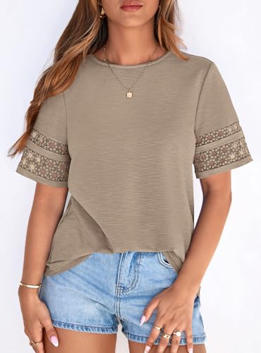 PRETTYGARDEN Summer Tops for Women 2026 Lace Short Sleeve T-Shirts Casual Blouses Spring Fashion Clothes Vacation Outfits (Khaki,Large) — view 2