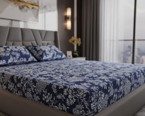 Image of 400TC Cotton Feel Glace Cotton Fully Elastic Fitted Bedsheet Single Size Bed with 1 Pillow Cover (36 inch x 78 inch inches, Aarchid Blue)