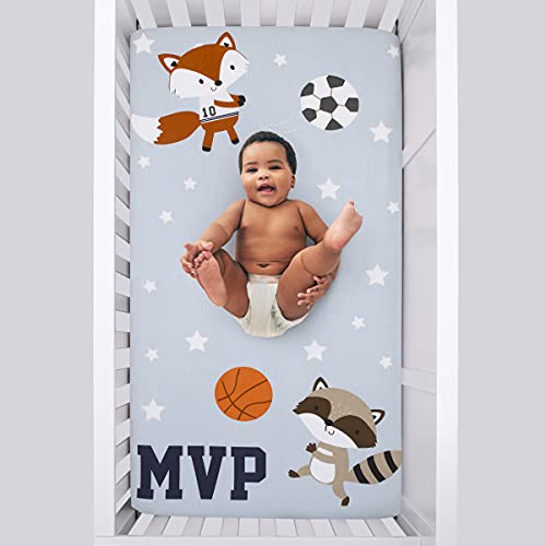 Image of NoJo Team All Star Light Blue, Grey, & Orange, MVP Fox & Raccoon Sports Theme with White Stars Photo Op 100% Cotton Fitted Crib Sheet, Light Blue, Grey, Orange