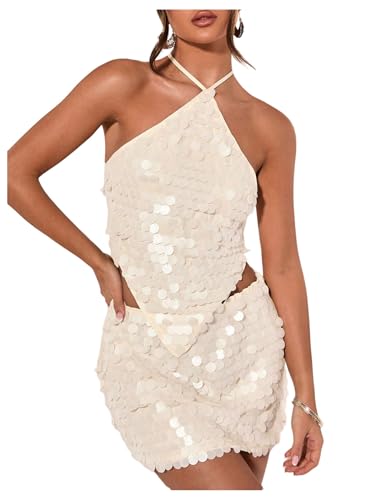 SweatyRocks Women's Sexy Sequin Halter Tops Crisscross Tie Backless Asymmetrical Party Top