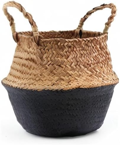 Miniatura 7 de Cesta tejida de hierba marina para almacenamiento, lavandería, picnic, cubierta de maceta y almacenamiento de comestibles y juguetes (negro, grande)