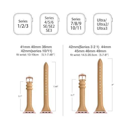 WFEAGL Leather Bands Compatible with Apple Watch 38mm 40mm 42mm 44mm, Top Grain Leather Band Slim & Thin Replacement Wristband for iWatch Series 4/3/2/1(Camel Band+Rose Gold Adapter, 42mm 44mm) — view 5