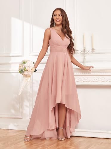 Image of Sukleet Chiffon Bridesmaid Dresses for Women with Pockets V Neck Ruched Short Formal Party Dress