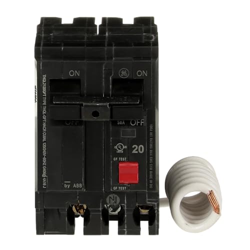 ABB Q-Line® THQL2120GFTP 20A Double Pole Circuit Breaker • 20 Amp Double Pole Ground Fault Breaker with Self-Test • 120/240 VAC 2-Pole GFCI Breaker • Ground Fault Circuit Interrupter