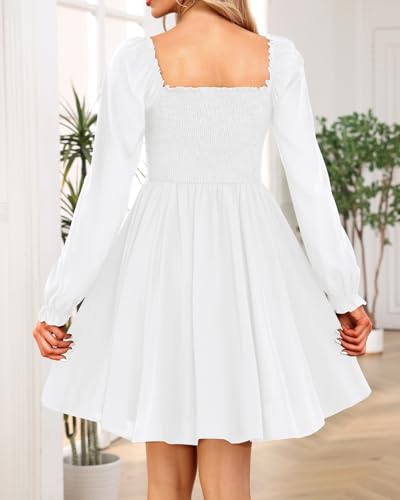 Image of Holipick Women's Casual Square Neck Smocked Dress Shirred Ruffle Puff Sleeve High Waist Cute Flowy A-Line Short Dress