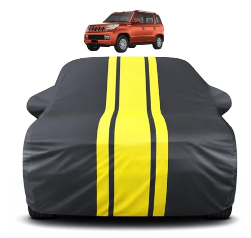 Image of Auto Hub Car Cover Compatible with Mahindra TUV 300 with Mirror Pocket, Soft Cotton Lining, TUV 300 Car Cover Waterproof - Yellow-Black
