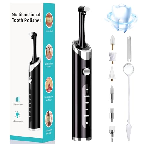 Coobest Tooth Polisher Kit with 5 Speed Modes and 5 Heads Tooth Whitening for Cleaning with LED Light IPX6 Waterproof Tooth Polish Complete Teeth Cleaning Tools Home Dental Care Set Black