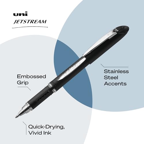 Image of uniball Jetstream Ballpoint Pens, Medium Point (1.0mm), Black, 4 Pack | Hybrid ink: gel smoothness with ballpoint quick-dry speed, smudge-resistant for left-handed writers, uni Super Ink protection