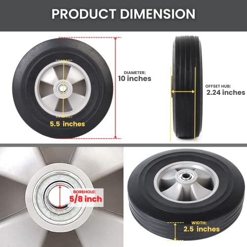 2-pack ar-pro 1034 x 2534 flat free solid rubber tires and wheel - 10 inch solid wheels with 5834 axles and 225 offset hub - replacement wheels for hand trucks dolly and wheelbarrows