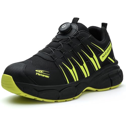 Netanac Zapatillas de seguridad con puntera de acero para hombres y mujeres, ajuste ancho, zapatos de trabajo ligeros con resistencia al deslizamiento y a pinchazos, cómodos tenis industriales, Green