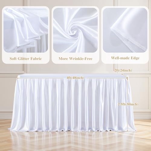 4FT White Satin Tablecloths for Rectangle Tables - Shiny Spandex Party Table Cover with Pleated Table Skirt, No-Wrinkle & Glossy Wedding Tablecloth One-Piece for Birthday Baby Shower Banquet Ceremony