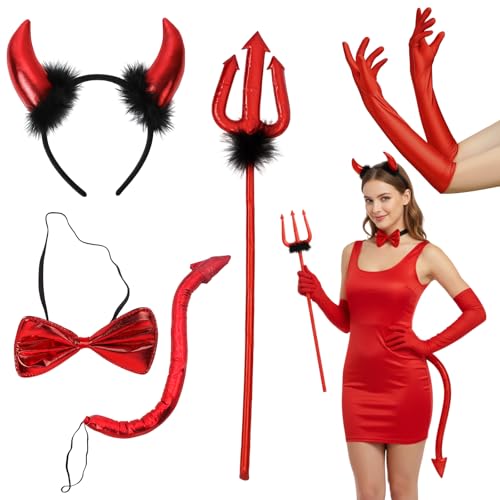 DvBCNMe Teufelkostüm Damen 5-Teiliges Set, Kostüm Teufel Damen für Halloween Party und Karneval,...