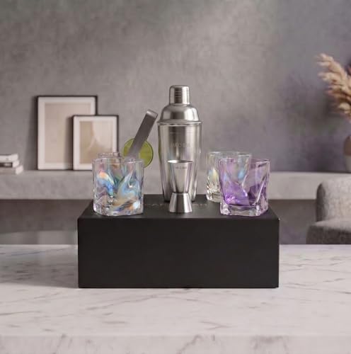 Image of Car-O-Bar Silver Bar Set with Glasses Gift Set | 7 Pieces Bartender Kit:Cocktail Shaker, Jigger,Ice Tong, Set of 4 Whiskey Glasses