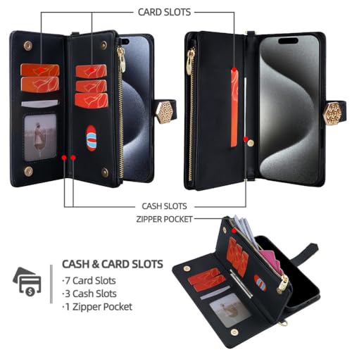 FWYANZH Capa carteira para iPhone 17 Pro Max/17 Pro/Air/17, capa de couro com bolsa flip fashion de luxo com corrente de metal Wristrap transversal de alta capacidade, preta, 17