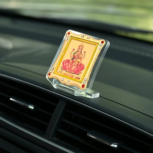 Image of Laxmi ji Car Dashboard Idol Golden Foil (Plated), Religious Frame for Car, Home Temple, Office Decor Divine Gift Item for Pooja & Festive Occasions