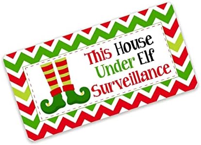 eedee Retro Metal Tin Sign 8x12 '' This House Under Elf Surveillance Red Green Chevron Stripe Wreath Sign Christmas Sign Home Sign Home Decor Metal Aluminum for Home Gate Garden Bars Cafes Man Cave