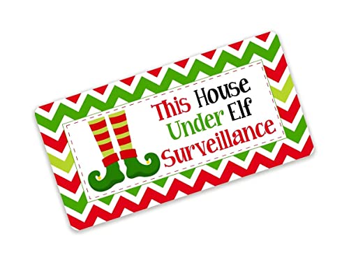Eedee Retro Metal Tin Sign 8X12 '' This House Under Elf Surveillance Red Green Chevron Stripe Wreath Sign Christmas Sign Home Sign Home Decor Metal Aluminum For Home Gate Garden Bars Cafes Man Cave #TOP23