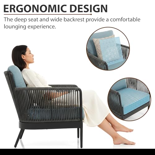 Image of BRISHI Garden Patio Seating Chair and Table Set Outdoor Balcony Garden Coffee Table Set Furniture with 1 Table and 2 Chairs Set with Cushion Braid & Rope (Grey /Blue)