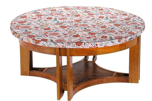 Image of The Furnishing Tree Elastic Cotton Round Center Table Cover 24x24 in Inches Floral Multicolor on offwhite Base