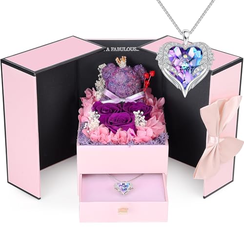 ELEUTH Rosa Eterna per Lei,Confezione Regalo per la Festa della Mamma,San Valentino,Compleanno,Anniversario,Fiori di Rosa Veri con Collana e Orsetto Rosa Regalo per Mamma,Fidanzata,Moglie