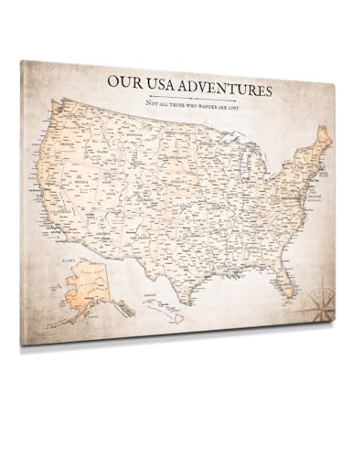 Image of IPIC - Vintage Push Pin USA Map Canvas Wall Art, Oversized Travel Map Print Wall Decor for Home, Study, Office or RV, Push Pin Board Decor for Travel Lovers, Ready to Hang