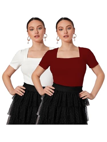 Image of Shasmi Women Polycotton Regular Fit Solid Knitted Square Neck T-Shirts Short Puff Sleeve Tops (TOP 52)