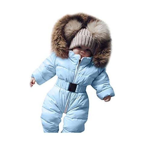 Easong Baby Boys Girls Snowsuit Quilted Pramsuit Faux Fur Hooded Romper Winter Jumpsuit Zipper Front Pram Coat Cotton Outfits Footless Jumpsuit Sleepsuits Sky Blue Cover