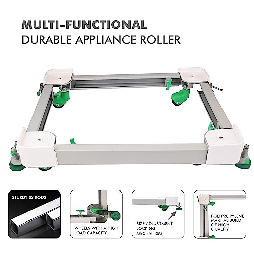 Image of Zureni Sumo 4 Square Wheels Trolley with Flat Edges Washing Machine Stand with Adjustable Stoppers Heavy Duty Steel Rods for Refrigerator Dishwasher - Grey