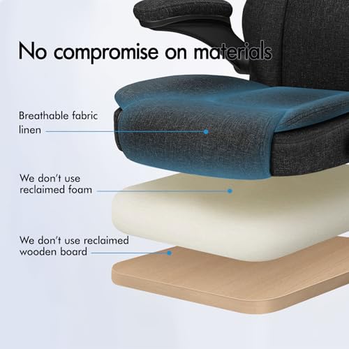 ELFORDSON Massage Office Chair for Home, Executive Comfy Office Chairs with 90° Flip-up Armrests, Adjustable Height, Swivel, Ergonomic Heavy-duty Desk Work Chair, Fabric Linen, Black
