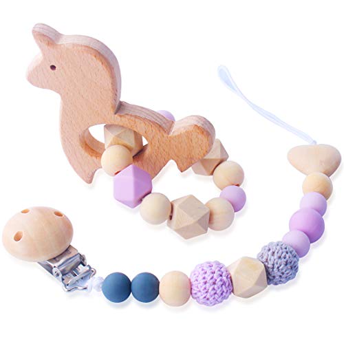 REYOK 2 Stücke Schnullerkette für Mädchen und Jungs, Holz schadstofffrei Nuckelclip Baby Clip Set, Personalisierte Schnuller Zahnen Holz (lila Einhorn)