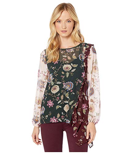 Vince Camuto Long Sleeve Windsor Floral Handkerchief Hem Color Block Blouse Dark Willow XL