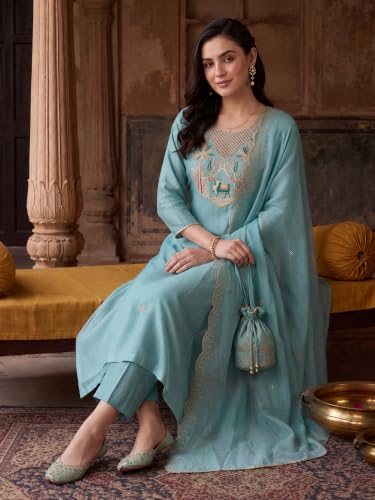 Image of INDO ERA Women's Silk Blend Embroidered Thread Work Straight Kurta & Pant with Dupatta Set | Kurta Sets For Woman