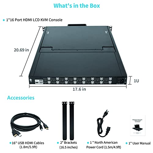 Image of Rack Mount KVM w /17.3 inch LCD Monitor, 16-Port HDMI KVM Switch, 1080@60Hz 1U Integrated Monitor Keyboard, Fits Standard 1U 19 inch Racks, Included 16 USB HDMI KVM Cable, 1 Power Cord, 2 Bracket