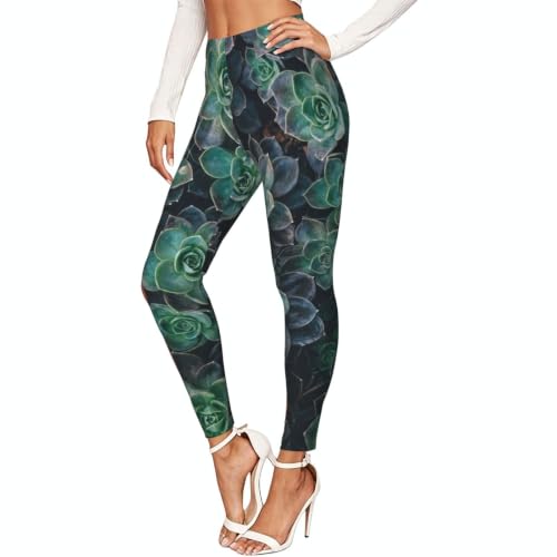 Leggings de compresión suaves para mujer con estampado de suculentas verdes para entrenamiento