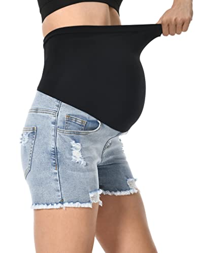 V Vocni Maternity Denim Shorts Over The Belly Distressed Fringe Hem Pregnancy Jean Short Power Blue Medium #TOP3