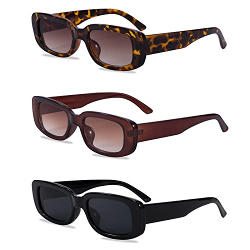 Tunejoy Gafas de Sol Rectangulares para Mujeres 3 Piezas Gafas Pequeñas Retro con Protección UV400 de Marco Cuadrado para Viaje, Eventos de Verano, Vacaciones, Apoyos de la Foto