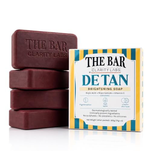 Image of Clarity Labs | DETAN BRIGHTENING SOAP | (Pack of 4) | Tan Removal | KOJIC ACID SOAP | Niacinamide | Vitamin C Kojic | Dark Spot Removal | Even Skin Tone | Glowing Brighter Skin | Reduces underarm pigmentation