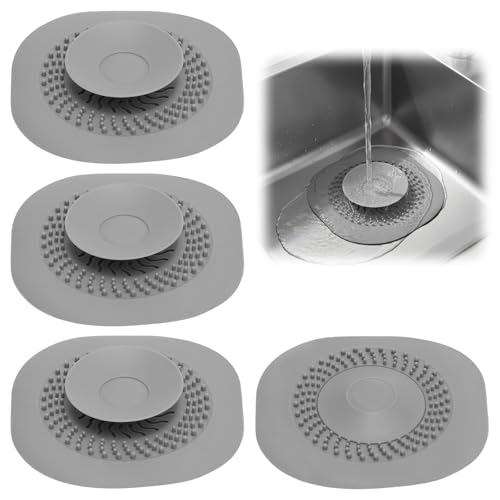 4 tapones de desagüe universales de silicona – Tapones para fregadero, lavabo y bañera – con función de filtro y alta estanqueidad – Tapón flexible – Gris