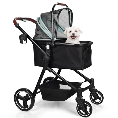 Foldable Dog Stroller, 3 in 1 Pet Stroller for Small Medium Dog Cat up to 50lbs, Detachble Portable Pet Bag, Storage Basket and One-Button Folding Frame