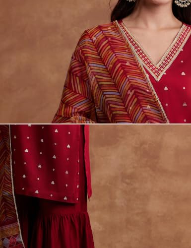 Image of Amazon Brand - Myx Women's Straight Kurta Set with Sharara Pant | Printed Dupatta | Sharara Suit Set with Dupatta (Available in Plus Sizes)