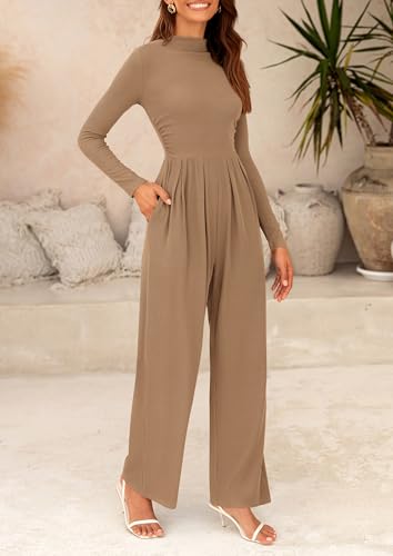 PRETTYGARDEN Jumpsuits For Women Dressy Fall Fashion Clothing 2025 Long Sleeve Mock Neck Date Night Rompers Business Outfits