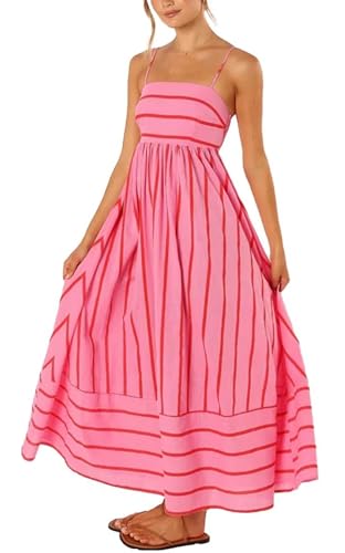 Image of KMBANGI Women Striped Sleeveless Maxi Dress Swing Patchwork Midi Dress Smocked Spaghetti Strap Colorful Long Sundress