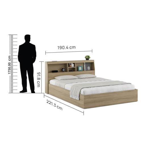 Image of Spacewood Storiva Bed |King Size (78 X 72) Engineered Wood Bed with Box Type Storage | Shelfs in Headboard | 3 Year Warranty | Modern Design |Engineered Wood | Santana Oak