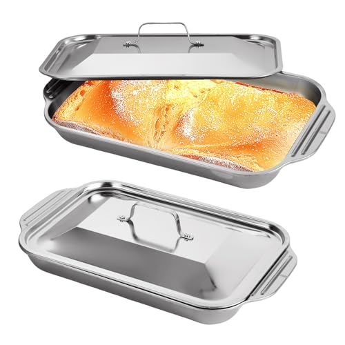 LANIAKEA 2PCS Stainless Steel Cake Pan with Lid 9 x 11 Inch Baking Pan with Handle Rectangle Bread...